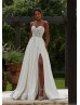 Strapless Beaded Ivory Lace Satin Slit Wedding Dress With Pockets